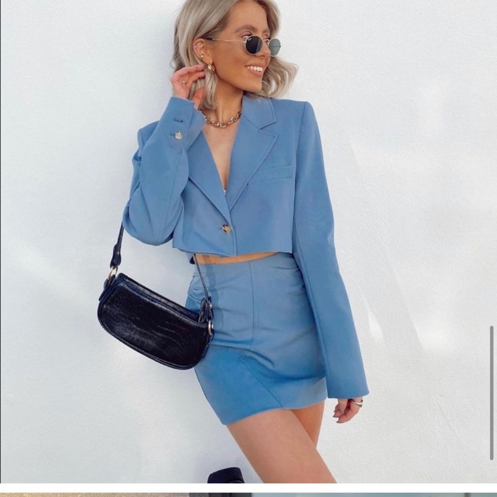 Zara light blue side ruched mini skirt blogger favorite